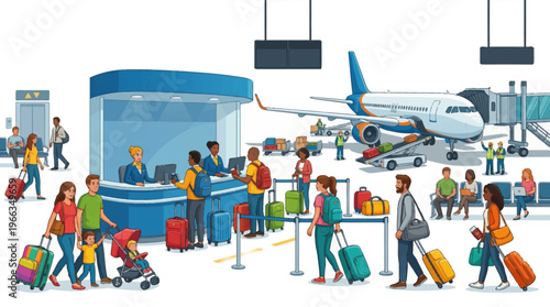 Vibrant airport terminal illustration featuring diverse travelers checking in at a blue counter, ground crew loading an airplane, and busy people with bags.