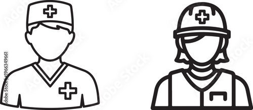 Male nurse with cross symbol and female construction worker with safety helmet.