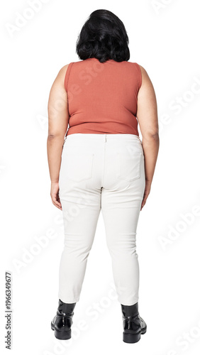 Tableau sur toile Woman facing backward png fashion mockup orange top white jeans apparel