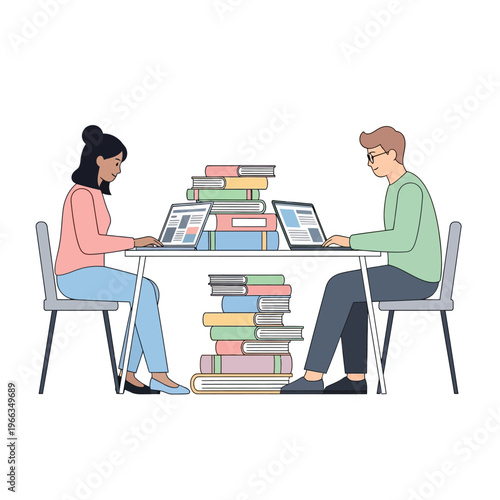 Students studying together with laptops and books on table, learning concept