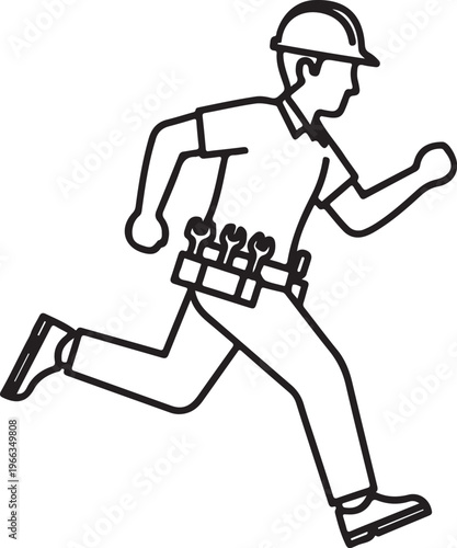 Running construction worker with a hard hat and tool belt, outlining a handyman.