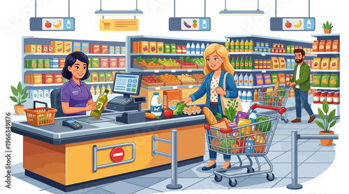 Modern vector illustration of a busy supermarket checkout with a friendly cashier scanning groceries for a woman with a full shopping cart in a bright store.