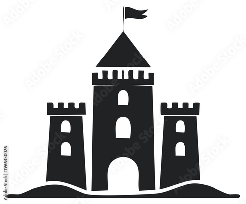 Classic Medieval Castle Silhouette Icon with Towers, Battlements, and Waving Flag Symbol