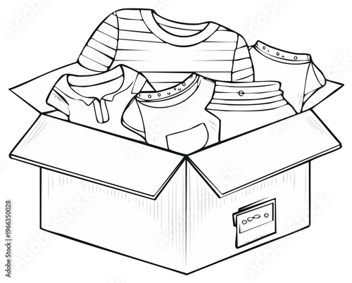 Cardboard box full of assorted clothes ready for donation moving or charity illustration