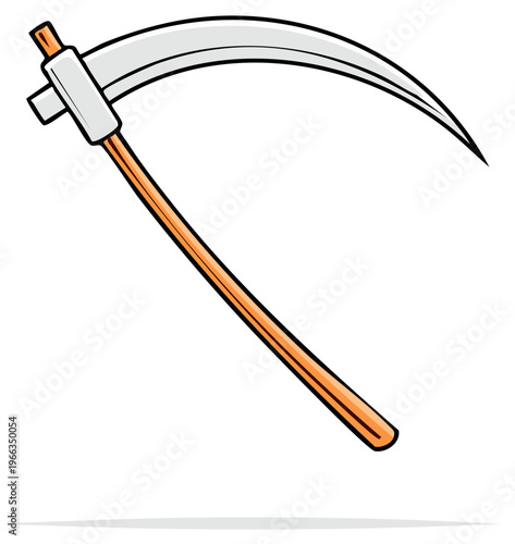 Cartoon Style Illustration of a Silver Blade Scythe with Wood Handle Isolated Against a White Background