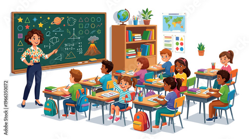 Vibrant cartoon illustration of a diverse elementary classroom where a female teacher explains science and math on a green chalkboard to attentive young kids.