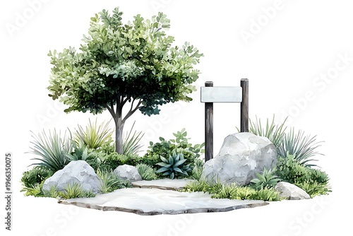 Peaceful Natural Scene with Greenery, Rock Formation, and Blank Sign for Customization