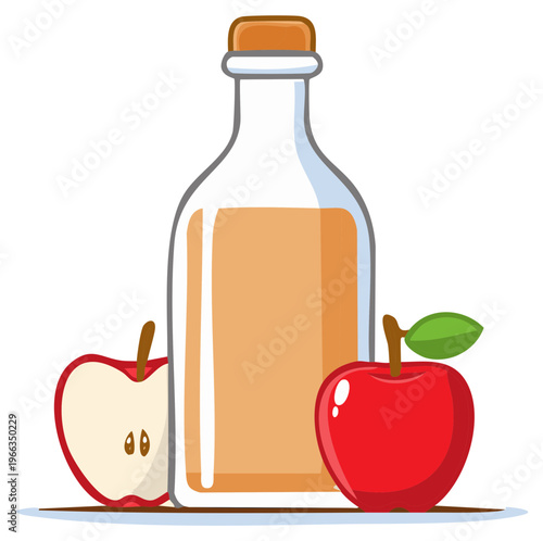 Glass bottle filled with amber liquid and fresh red apples, illustration.