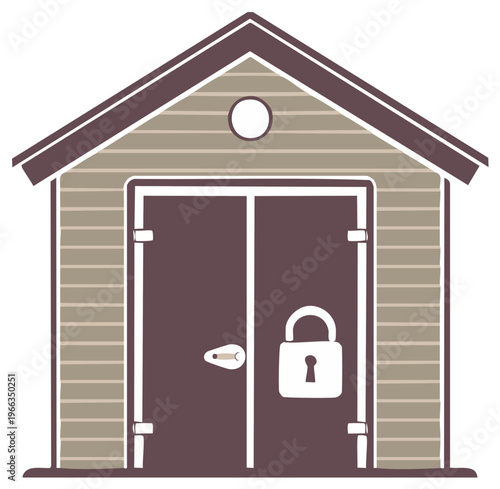 Illustration of a locked garden shed with a keyhole and a door handle design