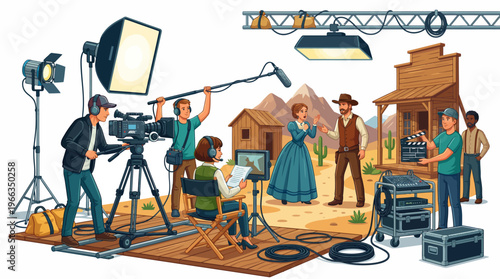 Professional Film Crew Production of a Western Movie on a Set with Actors in Costume, High-Quality Lighting Equipment, Camera Dolly, and Boom Mic Illustration.