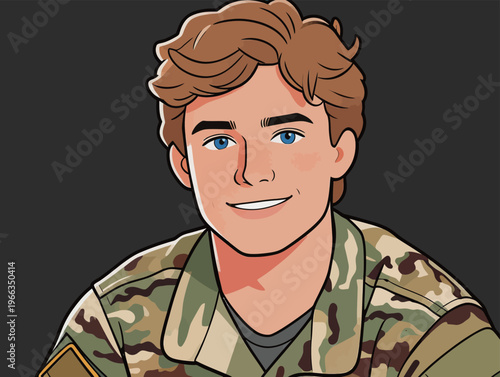 Young soldier in military uniform smiling for a portrait against a dark background