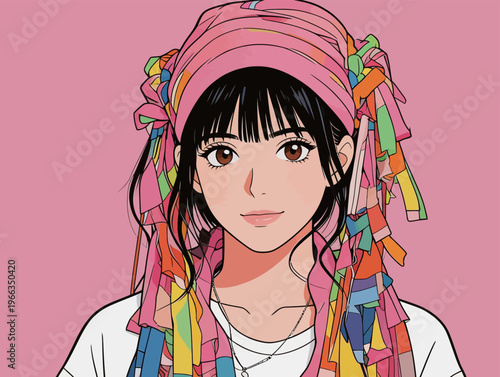 Young woman with colorful ribbon headband stands against a pink background while smiling at the viewer and looking happy