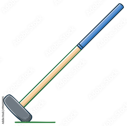 Cartoon illustration of a gardening hoe, farming equipment, green grass design