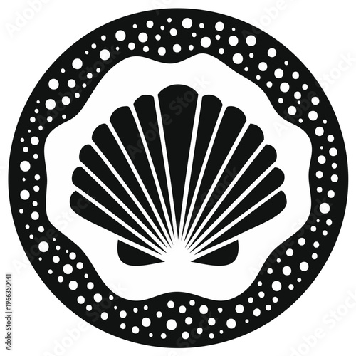 Stylized Black and White Seashell Icon with Circular Dot Border