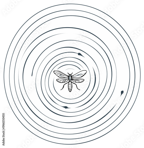Insect Moth Surrounded by Concentric Vortex Lines Creative Design