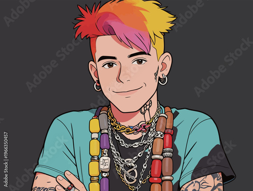 Young person with colorful hair and accessories in a digital art style showing urban culture and personal style near a dark background
