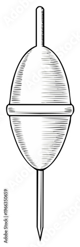 Vintage fishing bobber float illustration in a detailed black and white woodcut style