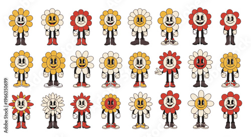 Spring Flowers Characters with Vintage Cartoon Style and Boots