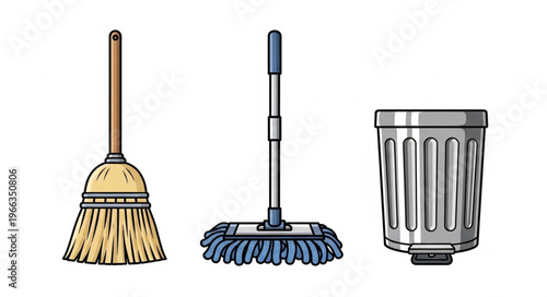 Cleaning Tools - Broom, Mop, and Trash Can Illustration.