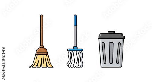 Cleaning Tools - Broom, Mop, and Trash Can Illustration for Home Hygiene.