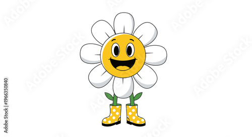 Cute Cartoon Spring Flower Character Wearing Yellow Rain Boots Smiling