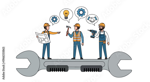Illustration of three workers in hard hats and safety vests standing on a giant adjustable wrench with thought bubbles containing tools and gears against a clean white background.