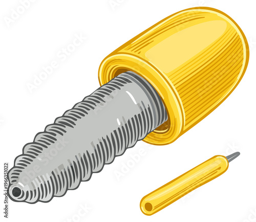 Gold-capped threaded tapered instrument and small precision tool vector illustration.