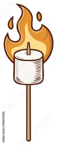 Marshmallow on a stick getting toasted in a warm bright campfire flame Illustration for cooking over fire