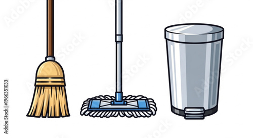 Cleaning Tools - Broom, Mop, and Trash Can Illustration.