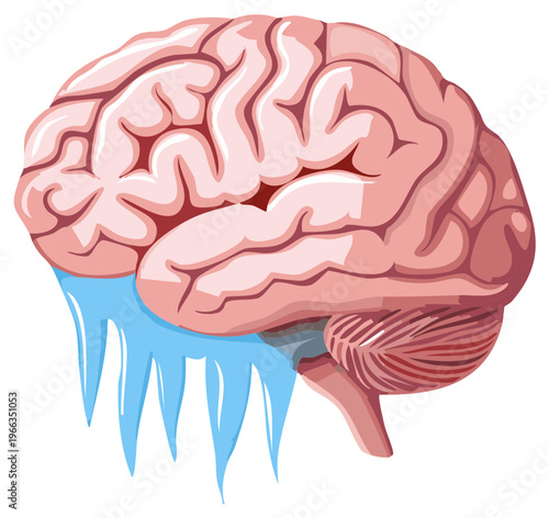Conceptual illustration of a frozen human brain with icicles representing brain freeze or a mental block