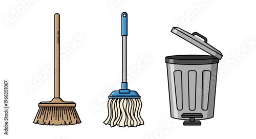 Cleaning Tools - Broom, Mop, and Open Trash Can Illustration.