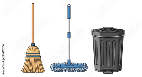 Cleaning Supplies - Broom, Mop, and Trash Can for Home Maintenance.