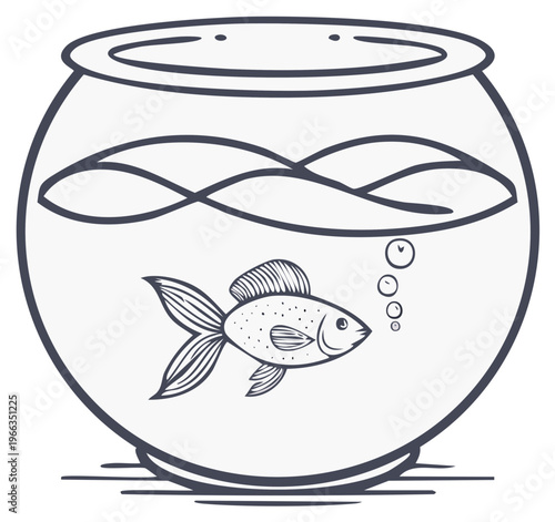 Goldfish swimming in a fishbowl with water and bubbles, a line art illustration.