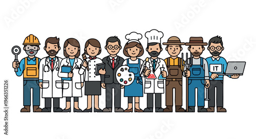 Flat illustration of diverse professionals standing in a row against a clean white background with a vibrant and colorful mood.