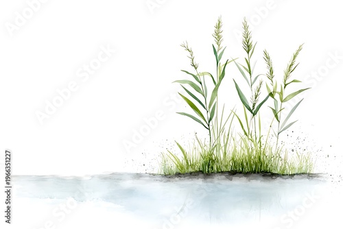 Beautiful Watercolor Illustration of Green Grass and Plants Growing by Calm Water Surface