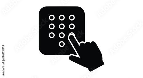 Black vector illustration depicting a single human finger interacting with a security keypad by pressing one of the numerical access buttons.