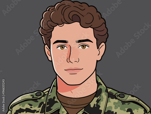 Young person in military uniform with curly hair and neutral expression looking at the viewer against a plain background