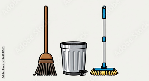 Cleaning Supplies - Broom, Trash Can, and Mop Illustration.