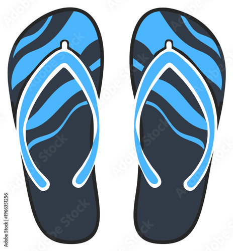 Stylish blue and dark gray patterned flip flops for beach vacation and summer footwear