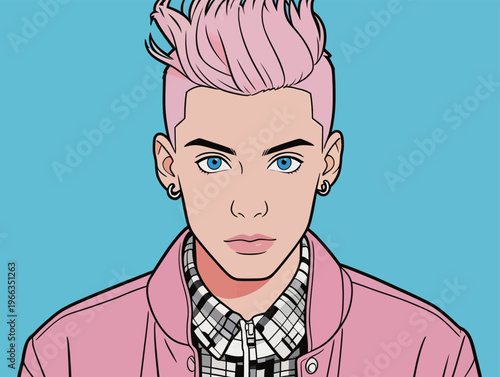 Young person with pink hair and blue eyes poses in front of a light blue background while wearing a plaid shirt and a pink jacket