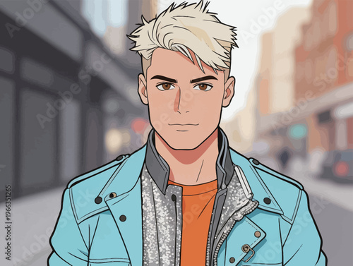 Young man with light hair stands in a city street wearing a blue jacket and orange shirt during daytime in an urban setting