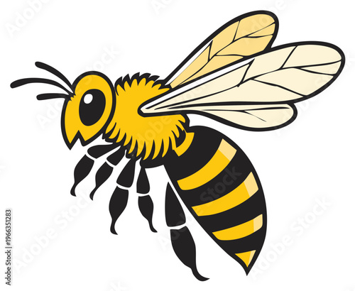 Stylized illustration of a buzzing bumblebee with yellow and black stripes and transparent wings in flight