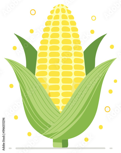 Fresh Ripe Corn on the Cob with Green Leaves and Yellow Dots Abstract Design