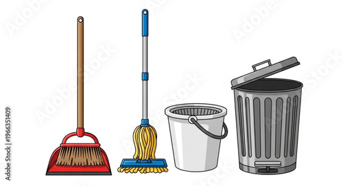 Cleaning Tools - Broom, Mop, Bucket, and Trash Can for Home Cleaning.