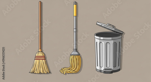 Cleaning Tools - Broom, Mop, and Trash Can Illustration.