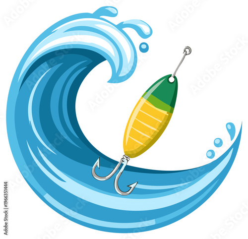 Fishing Lure with Double Hooks on Water Wave Crest illustration for fishing promotions or water activities or sports