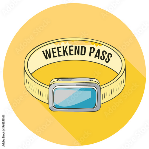 Stylized weekend pass wristband cartoon badge icon on yellow circle vector illustration. Colorful concept symbol for events and access