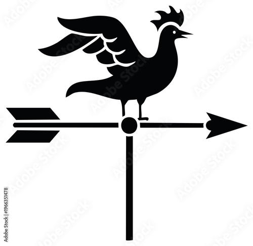 Weather vane with a rooster on top, vector illustration, direction indicator, black silhouette, farm style.