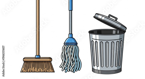 Cleaning Tools - Broom, Mop, and Trash Can Illustration for Home Hygiene.