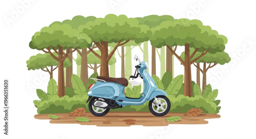 Blue Scooter in Forest Illustration - A Whimsical Transportation Scene.